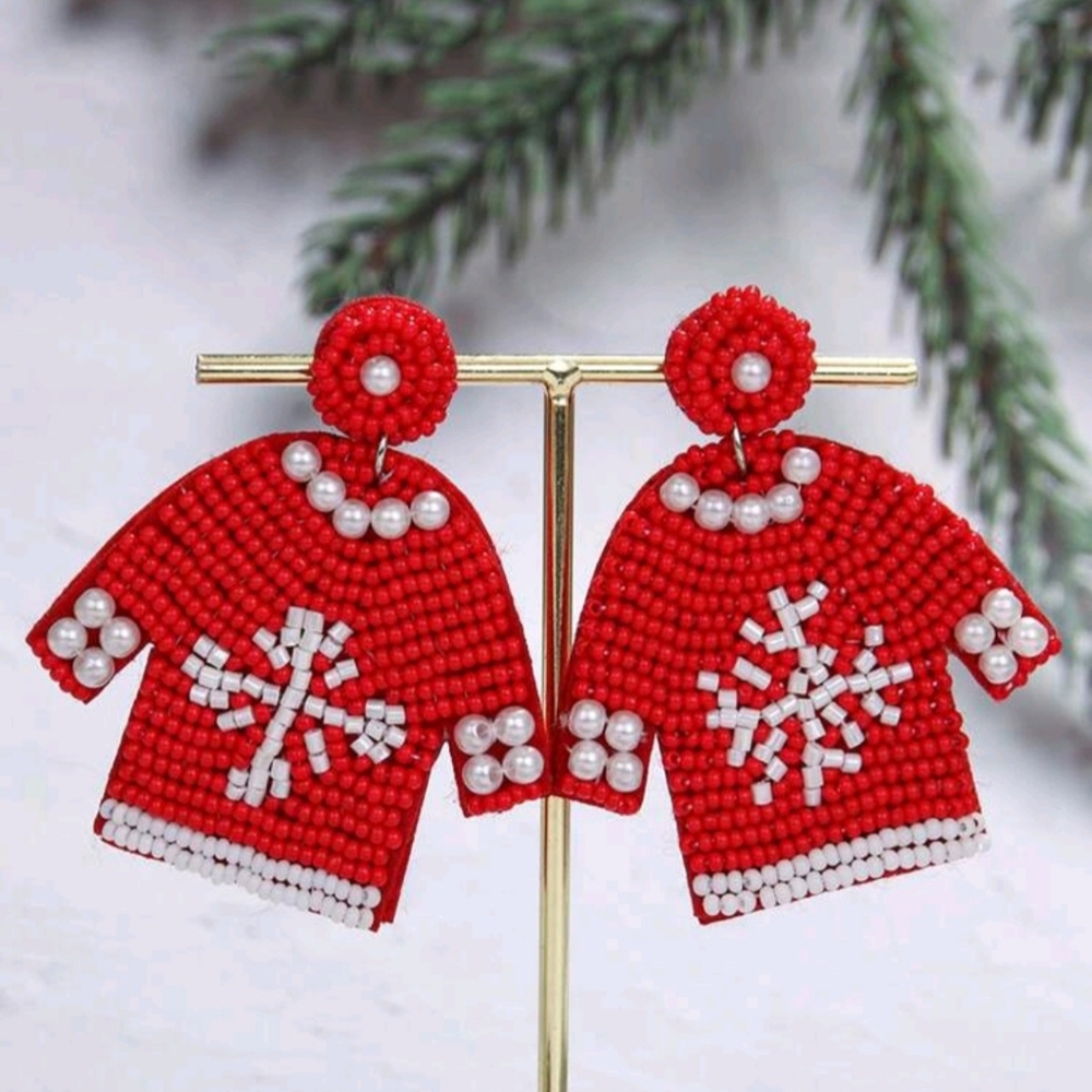 CHRISTMAS SWEATER Red & White Seed Bead Earrings NWT‎